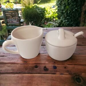 Pottery Barn Sausalito Creamer & Sugar Bowl Set With Spoon Off White Stoneware.